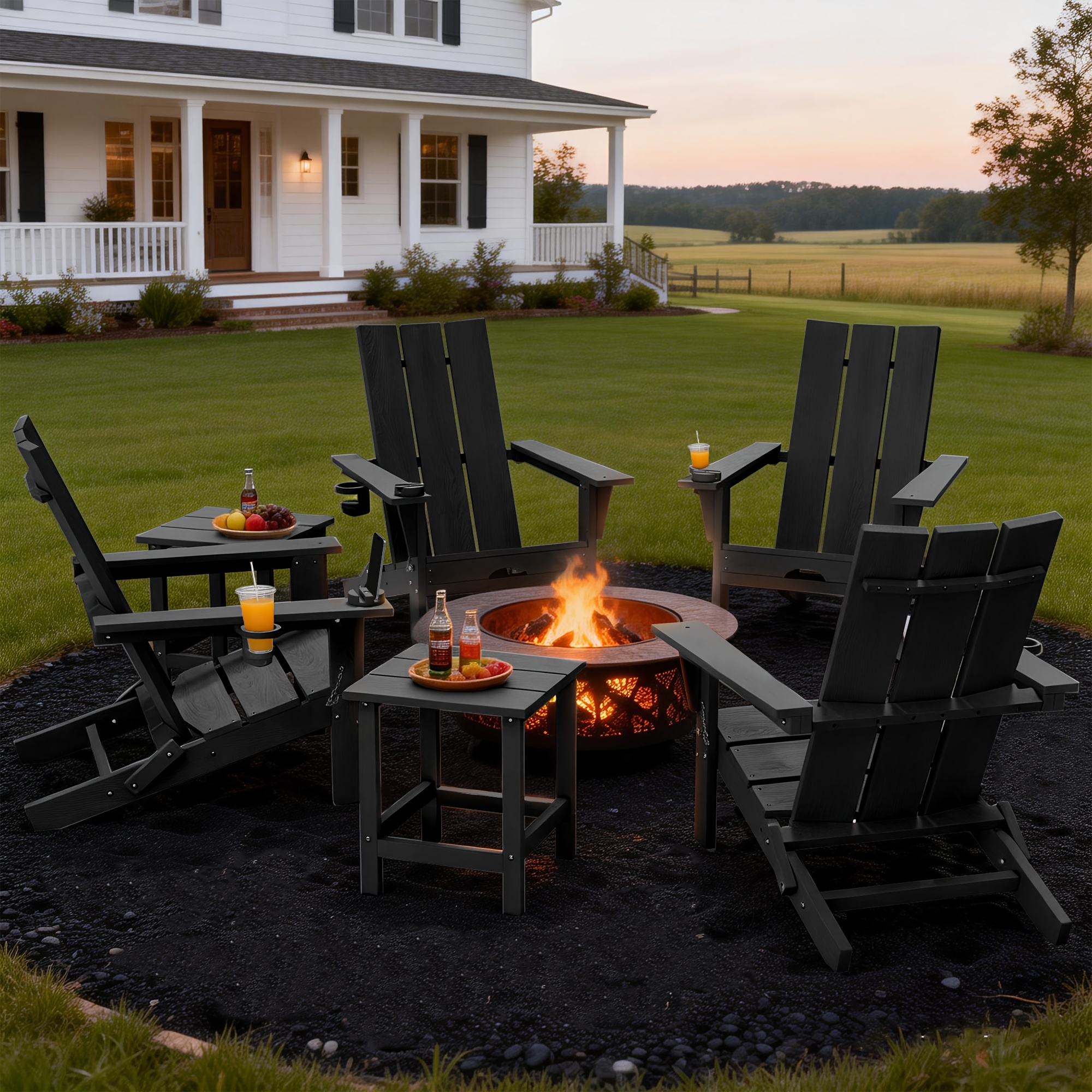[Durable Outdoor Patio] Leasable 4pcs Folding Adirondack Chair Durable Oversized Ergonomic Plastic Outdoor Patio Furniture With Built-In Phone Holder And Cup Holder, Weather Resistant Fire Pit Chair For Patio Backyard, Deck