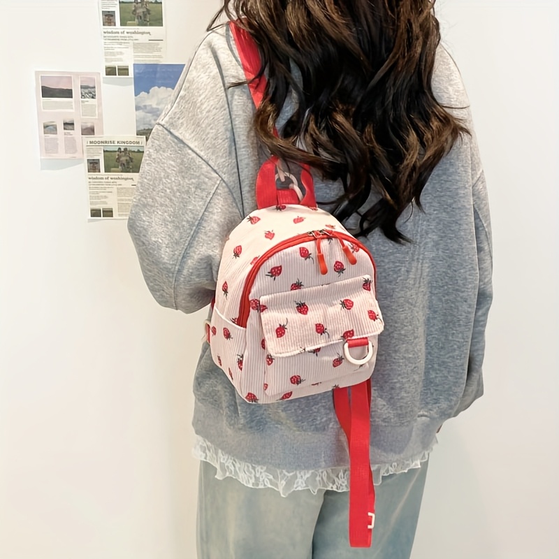 Kawaii White Corduroy Mini Backpack With Red Strawberry Print_voghion.com