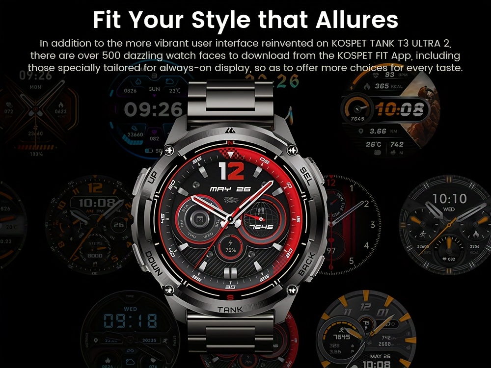 Le KOSPET TANK T3 Ultra2 est une montre intelligente GPS conçue pour les hommes, dotée d'une boussole, d'un altimètre et d'un capteur de pression barométrique. Elle prend en charge six systèmes de positionnement satellitaire et dispose d'une batterie de 470 mAh qui peut durer jusqu'à 60 jours. Avec une armature robuste en acier inoxydable.