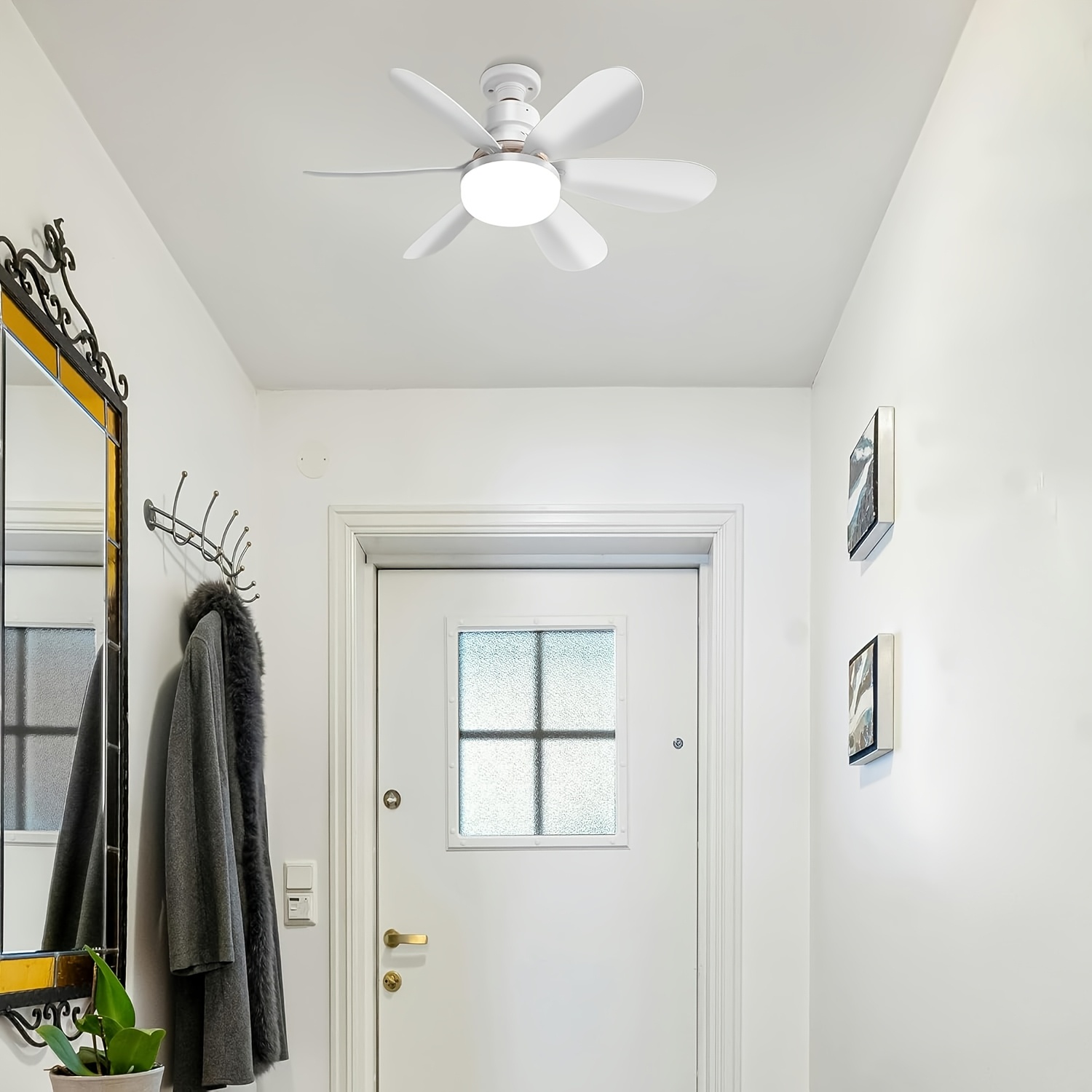 Ventilador de Techo con Luz y Control Remoto, Iluminación LED con Ventilador, 3 Velocidades de Flujo de Aire Silencioso y 3 Temperaturas de Color (3000K-4500K-6500K), Instalación Sin Herramientas + Temporizador, Ventilador de 6 Aspas E26/E27, Ideal para Dormitorio, Sala, Cocina, Garaje, Tiendas y