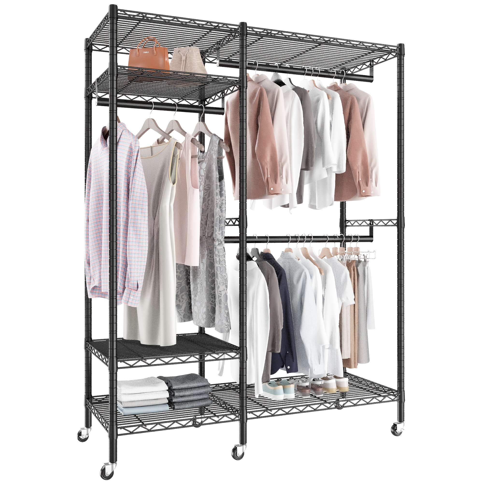 

80" H Clothes Rack Heavy Duty Clothing Rack With Wheels Loads 650lbs, Clothing Racks For Hanging Clothes Rolling Clothes Rack With Wheels, Portable Garment Rack Wadrobe Closet, 46"wx18"dx80"h