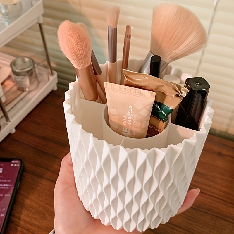 360 rotating makeup brush holder with transparent dome lid dustproof waterproof white hexagonal organizer   countertop storage for brushes skincare products durable plastic vanity organizer with 360 spin no power required bathroom dressing table organizer Product details 7