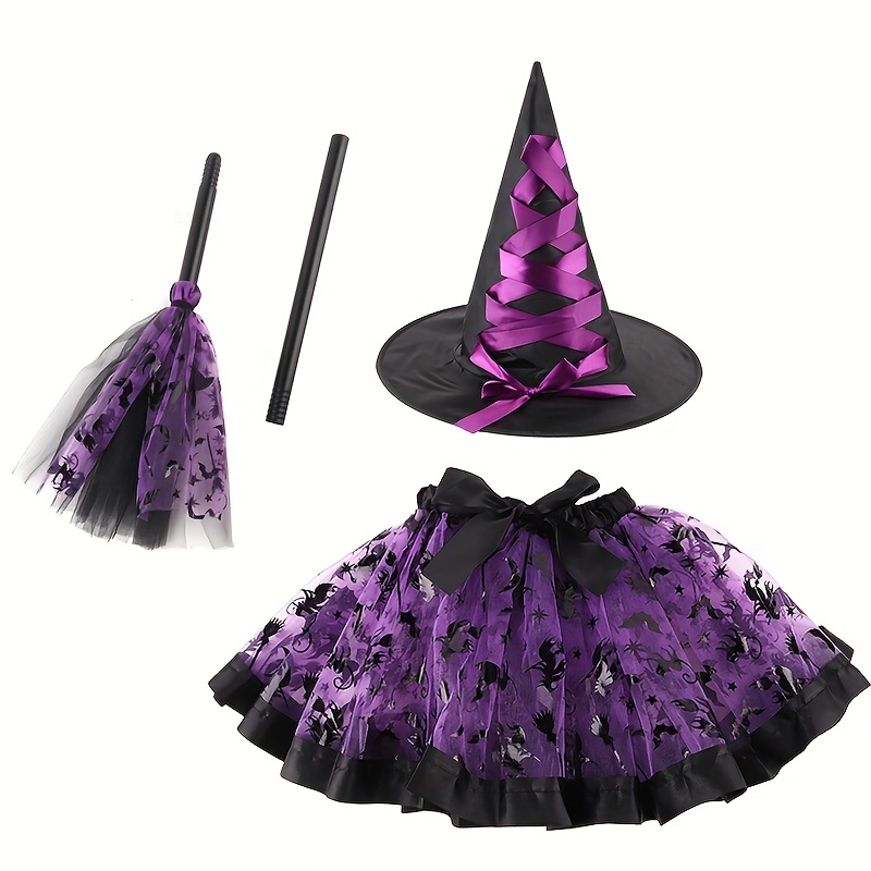 

Cute Cartoon-character Costume Set With Hat, Skirt, And Broom For Dress Up - Polyester Fabric, Machine Washable