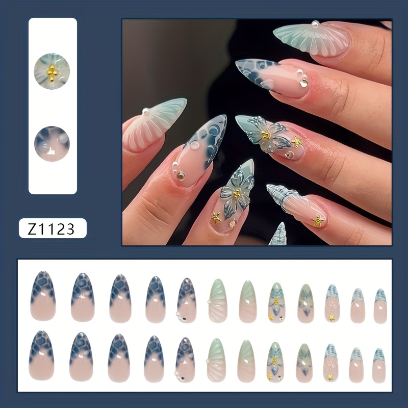 E-shop 3D Retro Blaue Glitzer-Gradient Seestern-Nagelaufkleber - 24 Stück, Europäischer & Amerikanischer Stil, Maniküre-Zubehör, -Finish, Detailliertes