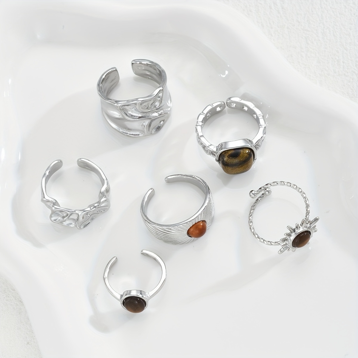 E-shop 6-teiliges Set mit luxuriösem High-End-Design und Ringen mit simuliertem Tigeraug-, für Frauen als vielseitiges Weihnachtsgeschenk (ohne Box)