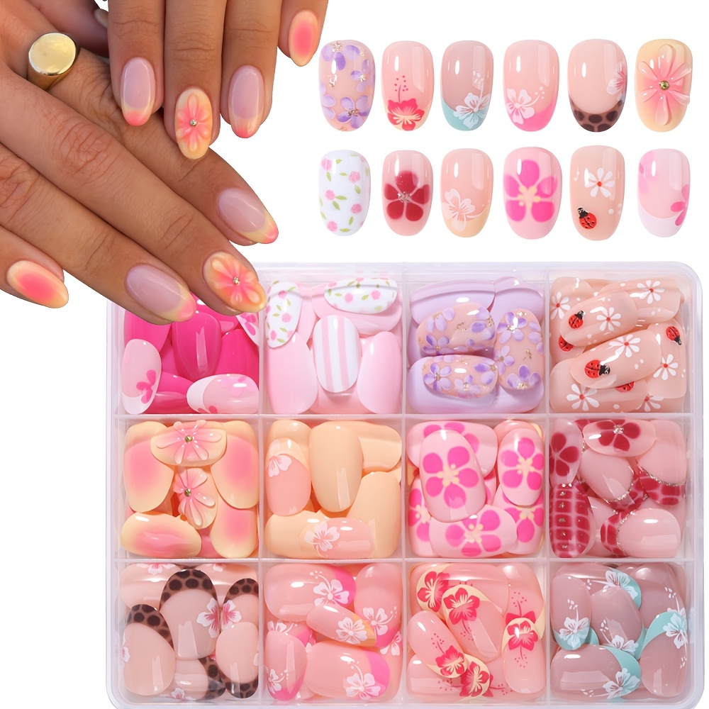 TEMU 288pcs Full Coverage Short Oval Nail Flower Press-on Nails, Removable, , Enhances , Suitable For Women And Wear
