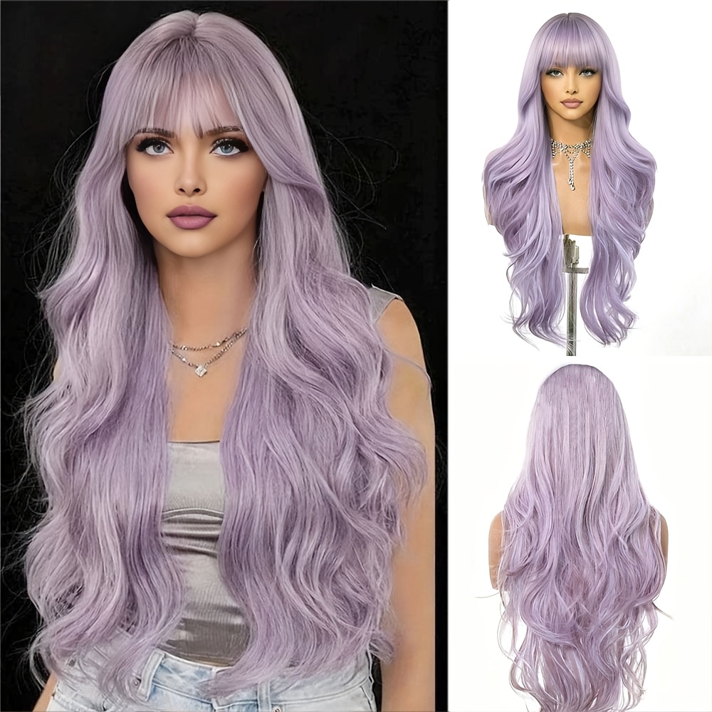 TEMU 28 Inch Lavender Purple Long Body Curly Wave Wig With Bangs, Soft Romantic Pastel Synthetic Hair, Women's Cosplay And Daily Wear Wig For