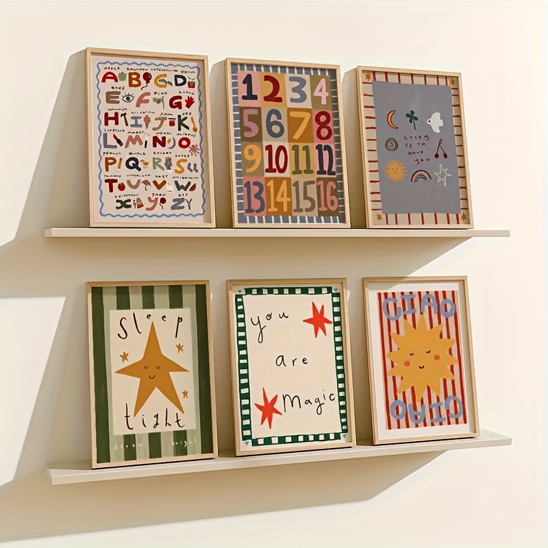 TEMU 2D Flat, 2D Flat, 6 stampe su tela senza cornice , stampate con motivi alfanumerici, poster in stile boh矇mien, dipinti su tela per decorazioni