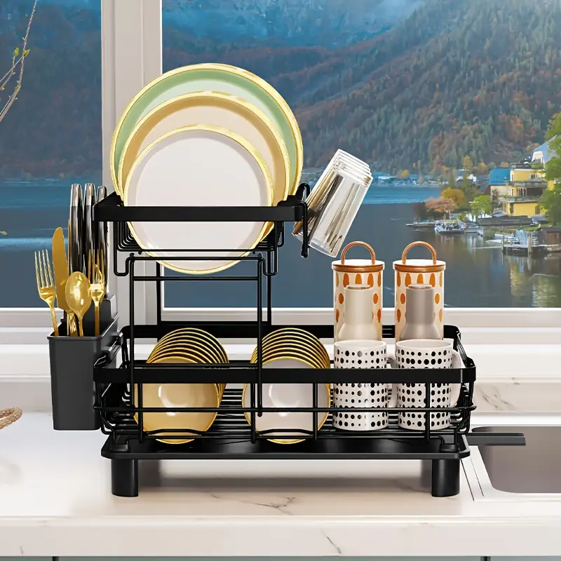1 2 tier dish drying rack multifunctional dish rack kitchen counter stainless steel dish drainer with utensil holder cup holder dishes knives spoons forks black Product details 3