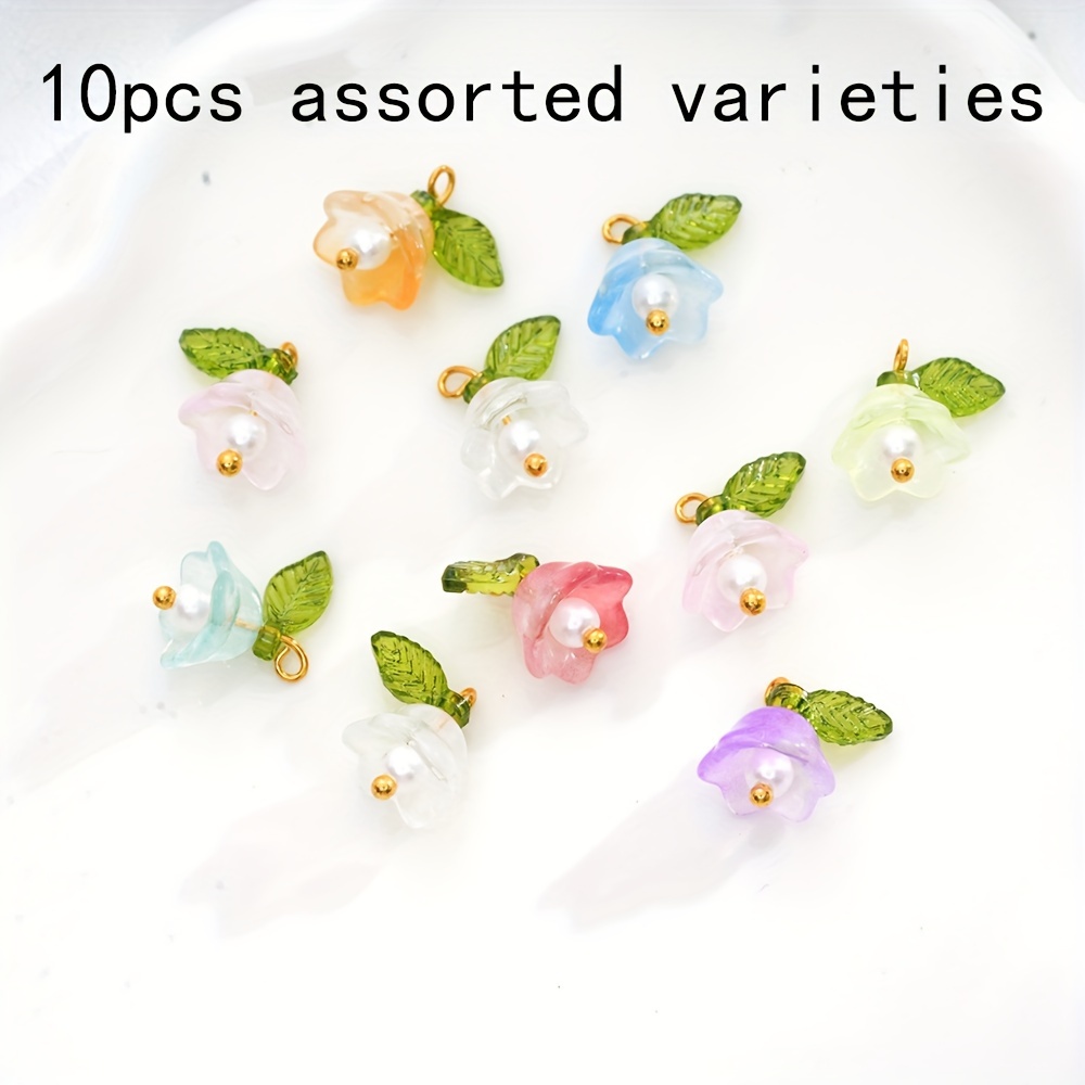 10pcs Random Color Cute Wind With Three-dimensional Leaves, Glass Flower, For Making Necklace And Earring Flower Pendants
