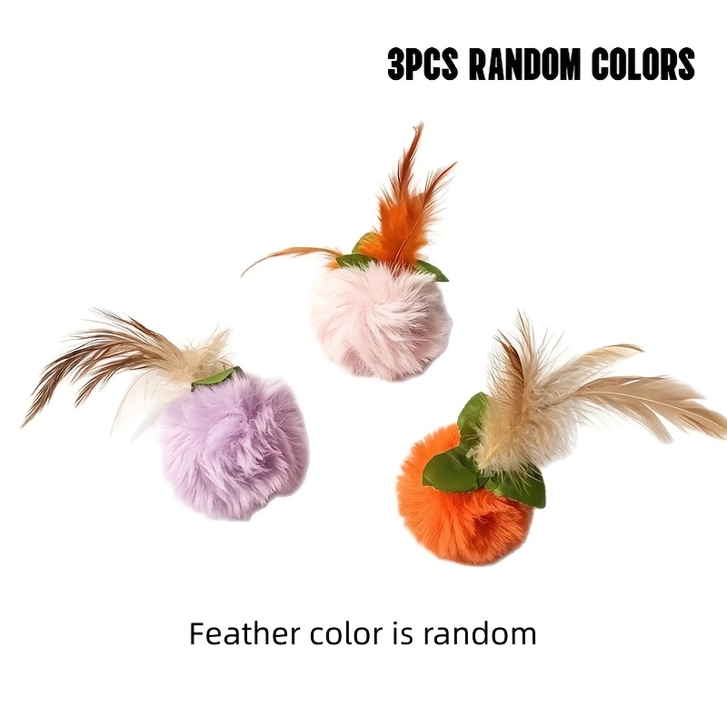 TEMU 2/3pcs Random Colors Persimmon Fluffy Cat Ball Toy With Artificial Feather, Self-play Boredom Relief Kitten Chew Toy, Without Battery