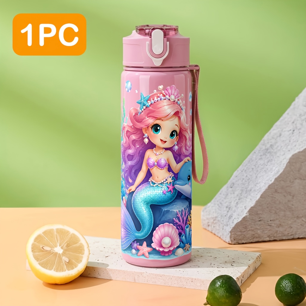 TEMU 1pc Underwater Mermaid 750ml/25oz Plastic Leak-resistant Water Bottle | Bag Friendly, Workout Ready, , Built-in Straw, Push-button Open,