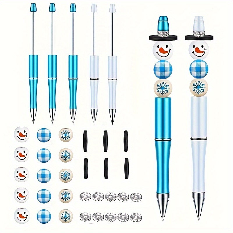 

36pcs Snowman Bead Pen Combination, 6 Beaded Round Pens, Multi-color Wooden Beads, Black Ink, Suitable For School Supplies And Office Gifts