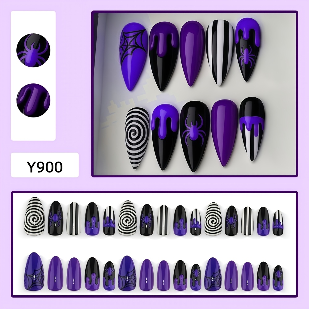TEMU 30pcs Long Almond-shaped Fake Nails - 3d Relief Venom Halloween Costume Nails - Y2k Nail Pieces - Hand-painted Striped Spiral Costume Nails -
