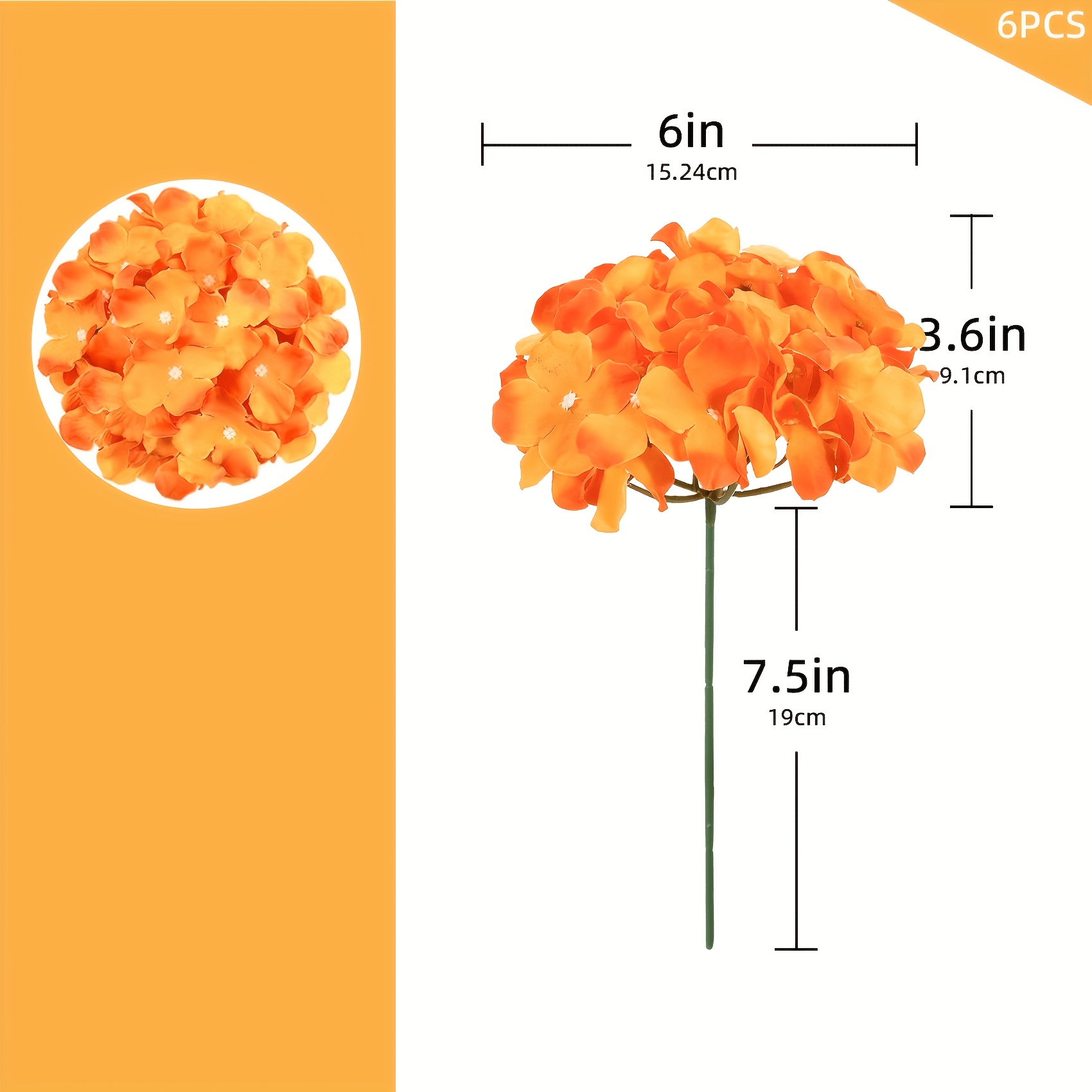 Image of 6pcs Orange Artificial Hydrangea Flowers, Fake With Stems, Suitable For Thanksgiving Day, Diy Decorations, Vase Filler, Wedding Centerpieces, Indoor And Outdoor Home Party Garden Decor