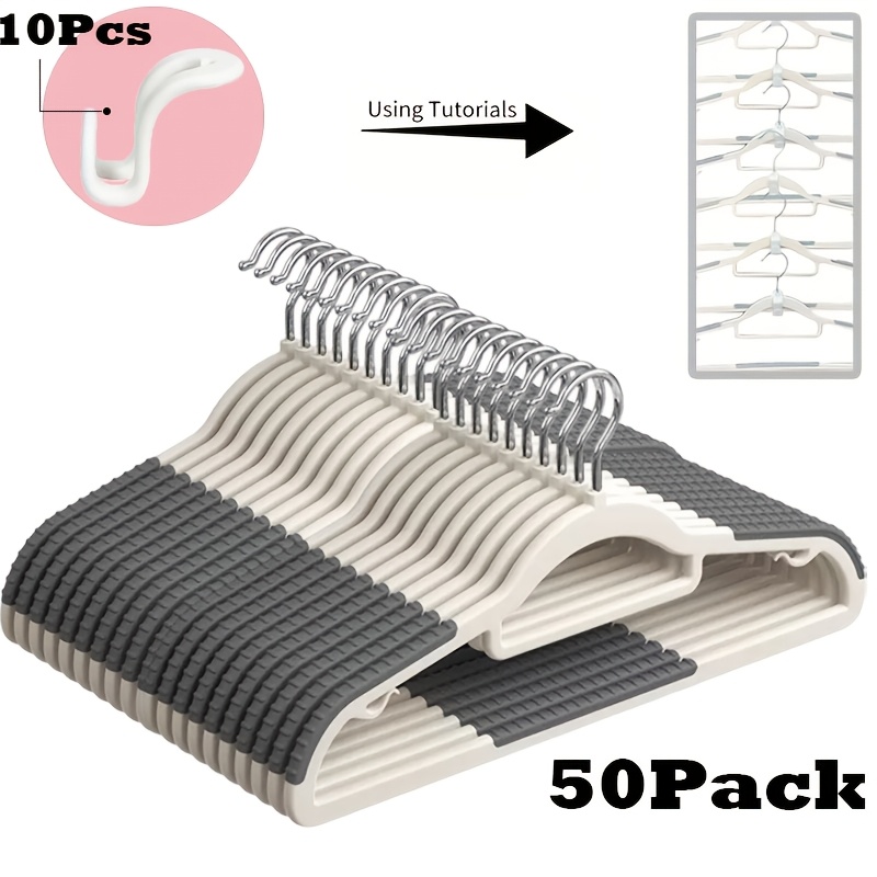 TEMU 50 Pack Plastic Hangers With Non-slip Design Includes 10pcs Clasps, 0.2 Inches Thick, 360°swivel Hook, Space Saving Organizer For Bedroom Closet, Shirts, Pants, Super Lightweight