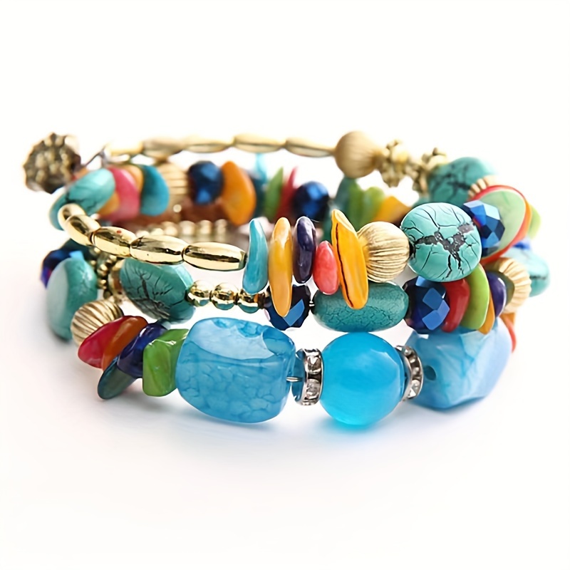 

Bohemian Natural Stone Bracelet, Vintage Turquoise Beaded Multi-layer Wrap Wristband, Retro Boho Style Jewelry Accessory