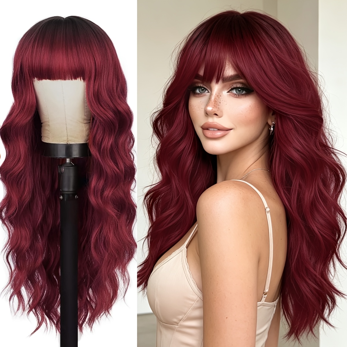Image of Barsdar 24-inch Long Wavy Wig With Bangs, Curly Hair With Bangs Looks And, Perfect Costume Wigs For Cosplay, Daily Wear, As A Fashionable Gift For Women, , Cap, With A Comb