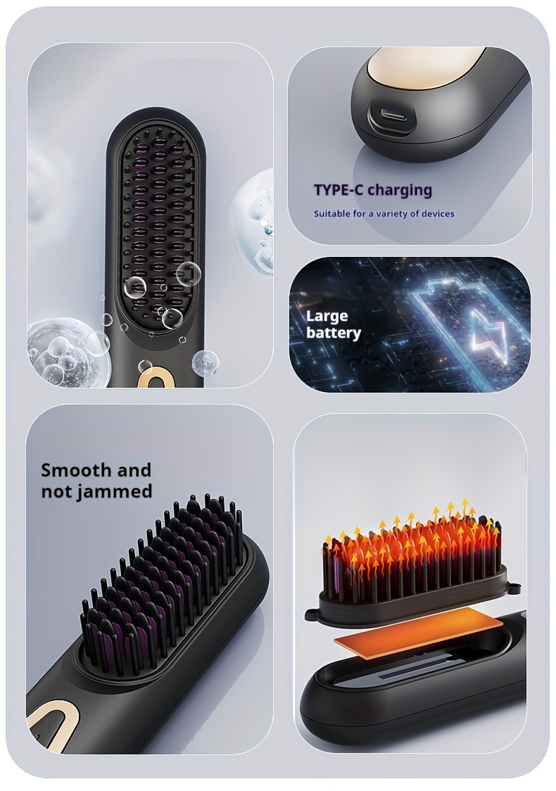 portable hair straightener brush rechargeable 4 temperatures control handheld straightening comb wireless styling tool gifts for women mothers day gift details 2