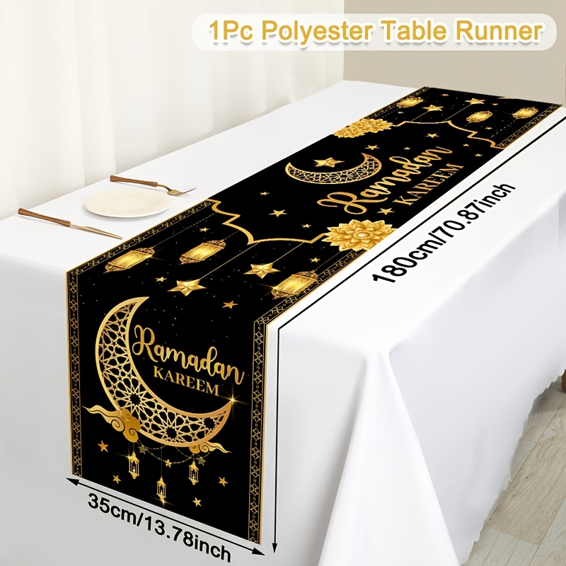 Image of 1pc, Ramadan Kareem Tablecloth, Polyester Black And Eid Lantern Flowers Design Tablecover, Eid Table Decor, Happy Ramadan Celebration, Party Supplies, Festive Eid Al-fitr And Eid Family Gatherings
