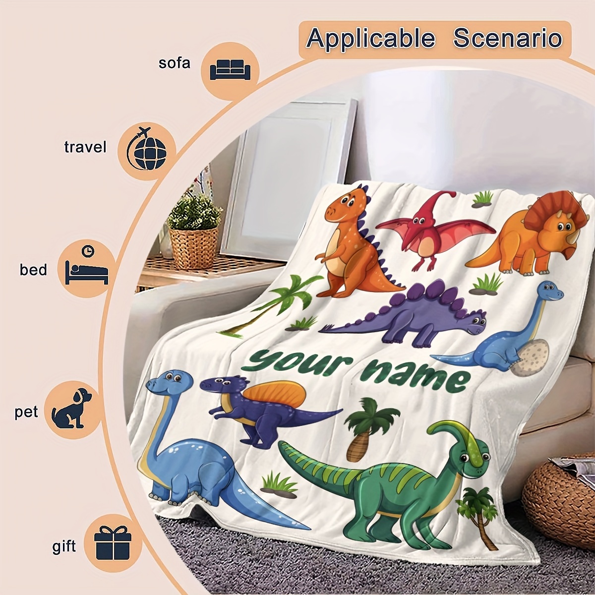 Personalized Cartoon Dinosaur Print Flannel Blanket