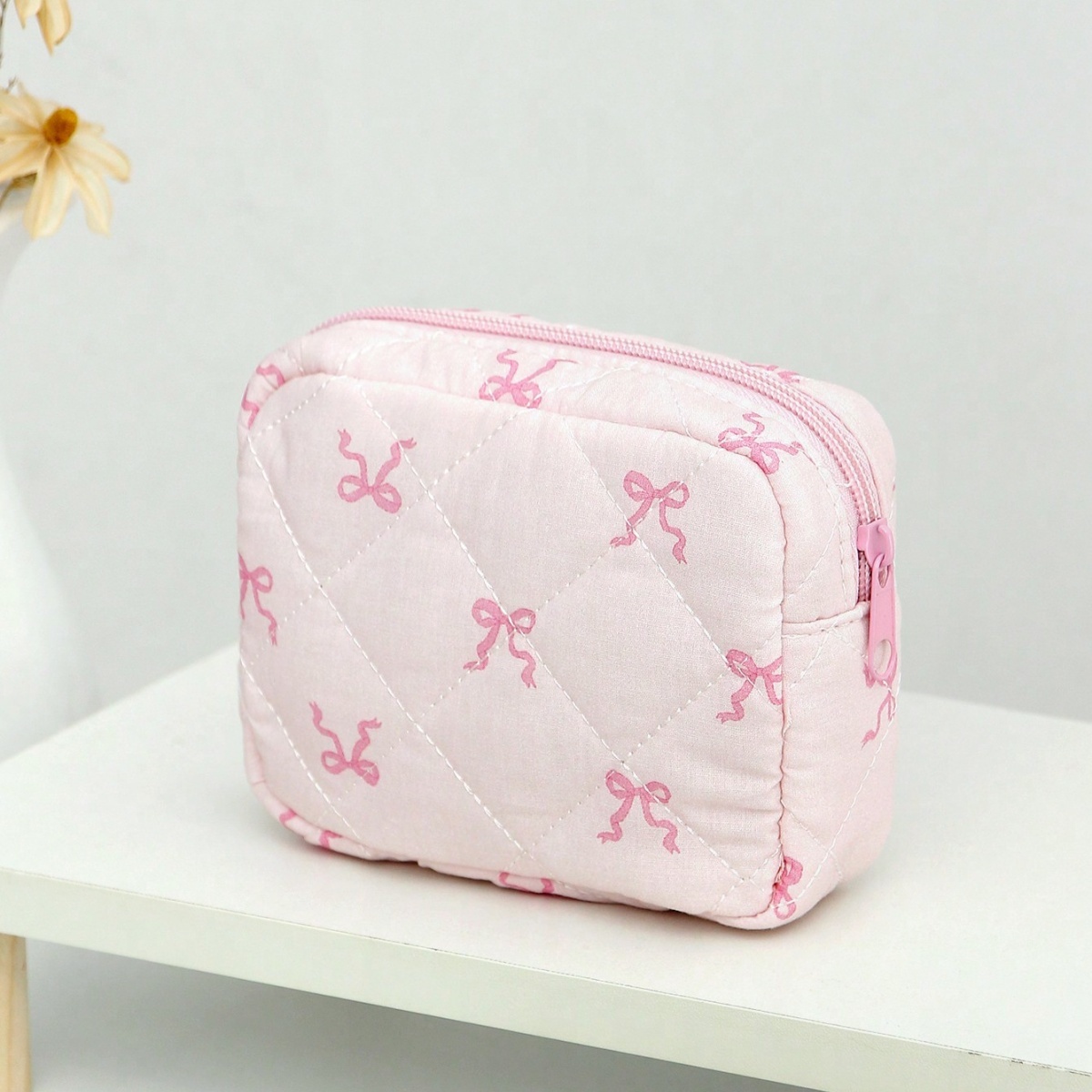 E-shop Niedliche Schleifen-Näh-Sanitärtasche, Tragbare Quadratische Münzbörse, Damen-Makeup-Tasche, Faltbare Reise-Makeup-Tasche, Quadratische