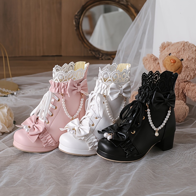 Cute Sweet Ankle Boots for Women Chunky Heel Ankle Boots with Bow  Platform Lace Up Booties with