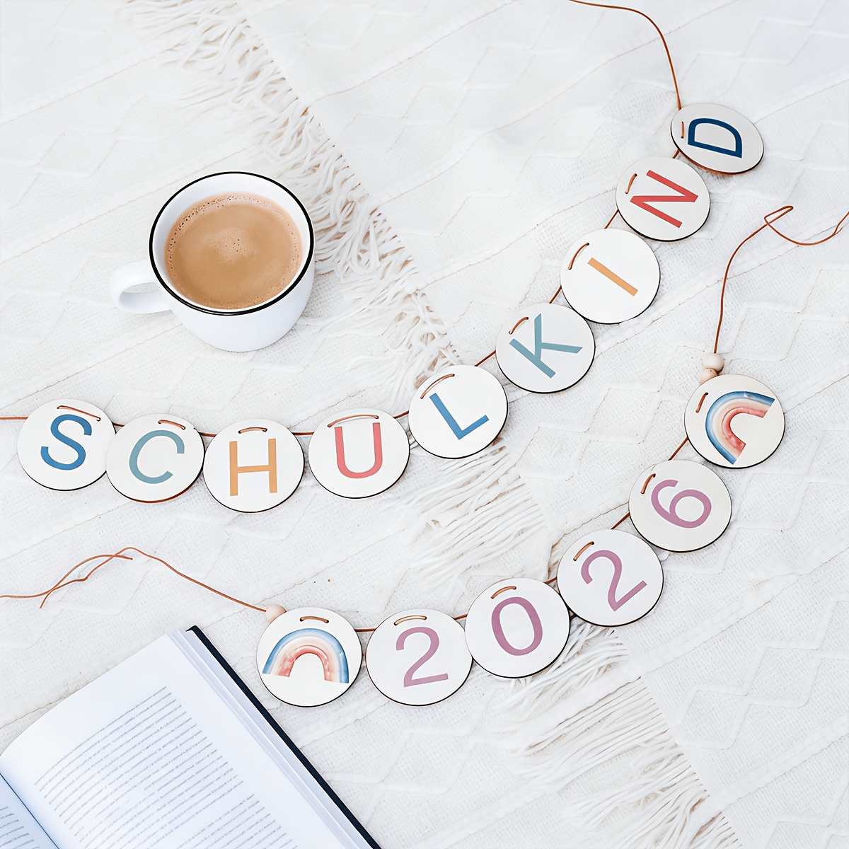 Image of 15pcs German Wooden Round Discs For Party Banners And Flags, Featuring The German School "schulkind 2026" In Design (morandi Colored German Letters, Watercolor Rainbow Decorations