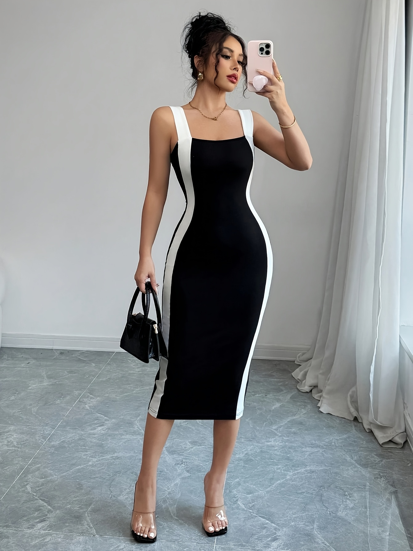 women's -fit elegant color-block long sleeveless dress - black & beige vertical  stripes, thin straps, knee-length summer dress, machine washable for casual  & formal occasions | Check Out Today's Deals Now |
