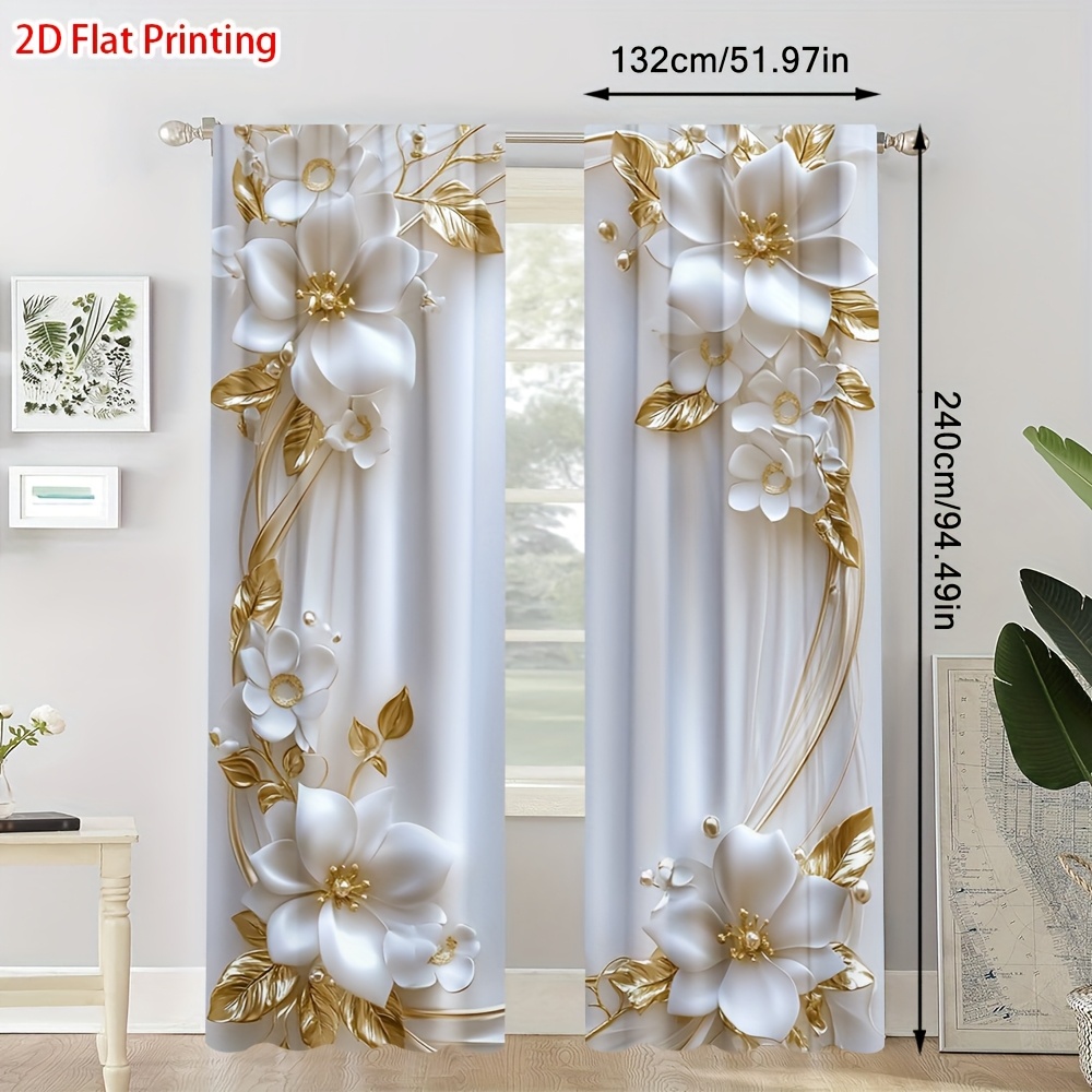 TEMU 2D Flach, 2 Stück 2D Flachdruck Goldener Blumenrahmen Kunst Halbverdunkelungsvorhänge mit Stangen--Design - Raumdekoration, für Art-Deco-Stil