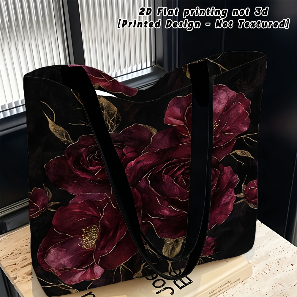 TEMU Women's Hemp Tote Bag Suitable For Outdoor Travel & Daily Use - Multifunctional Shoulder Bag With Rose Print, Machine Washable Gift Handbag,