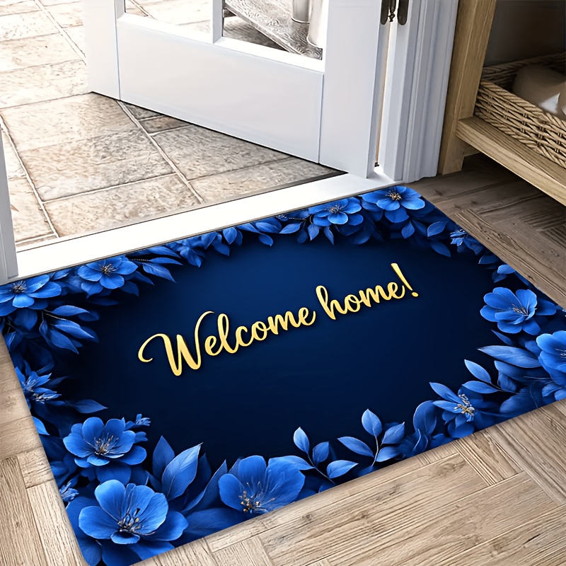 TEMU 1pc Hd 2d Flat Printed Floor Mat, Dark Blue With "welcome Home!" Themed Outdoor Doormat, Home Decor For And Apartment Foyers, Flannel Texture