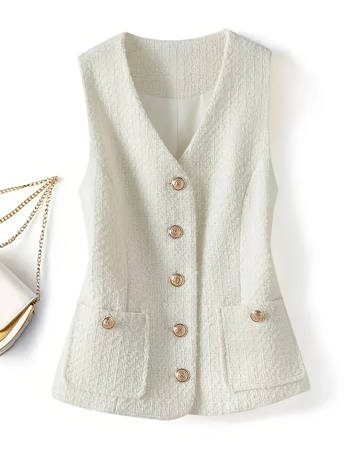 womens elegant v neck sleeveless jacket solid color tweed vest with button front chest pockets waist cinching design for   versatile casual to formal wear seasonal fashion sophisticated tailoring nonelastic fabric