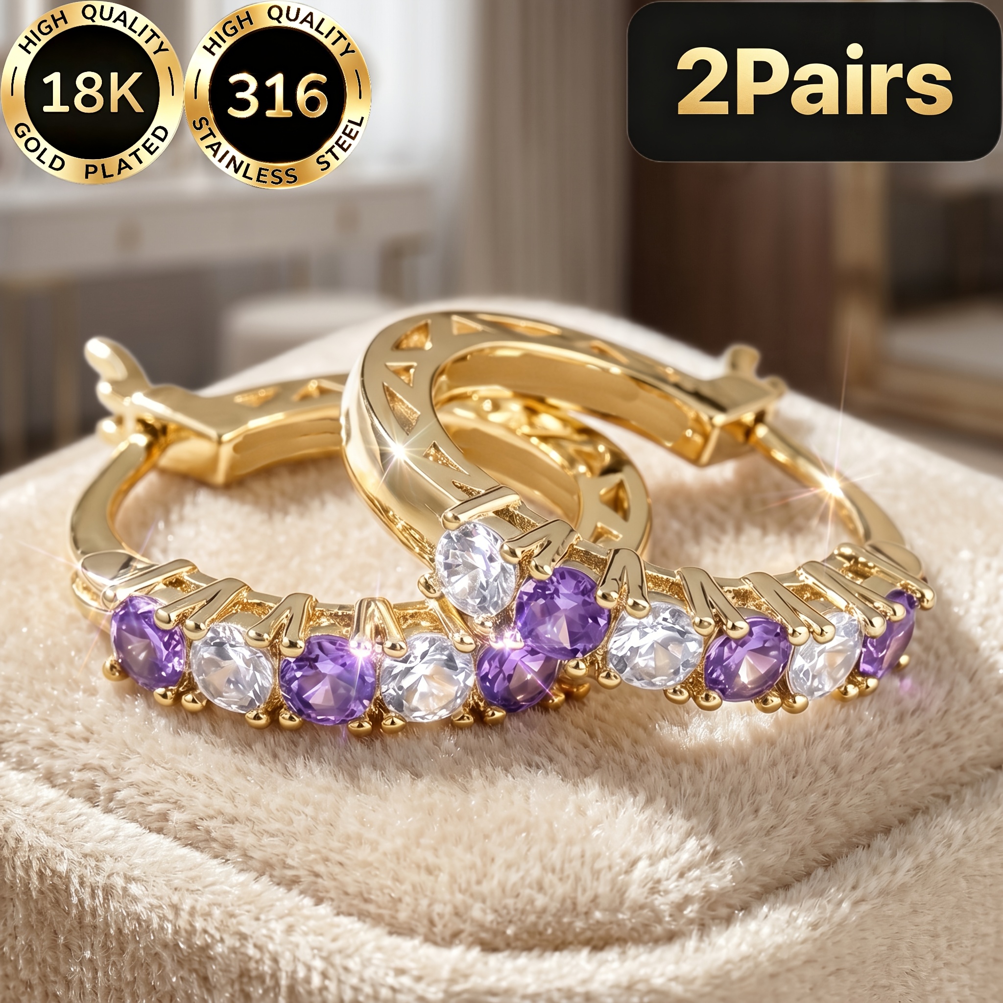 TEMU High-quality Steel 18k Golden Plated Hypoallergenic Facial Contouring Light Luxury Sparkling Intercalated Synthetic Zirconia With Hollow Women's