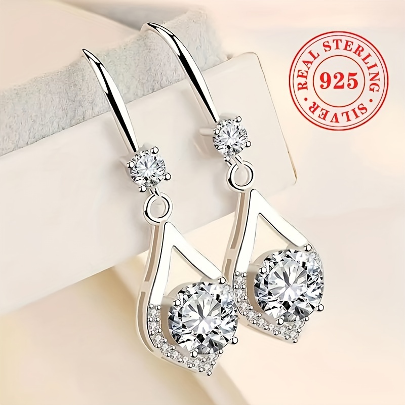 TEMU 1 Pair 925 Sterling Silver Elegant Drop Earrings, Simple Teardrop Cubic Zirconia French Hook Wedding Engagement Bridal Jewelry Gifts For Women