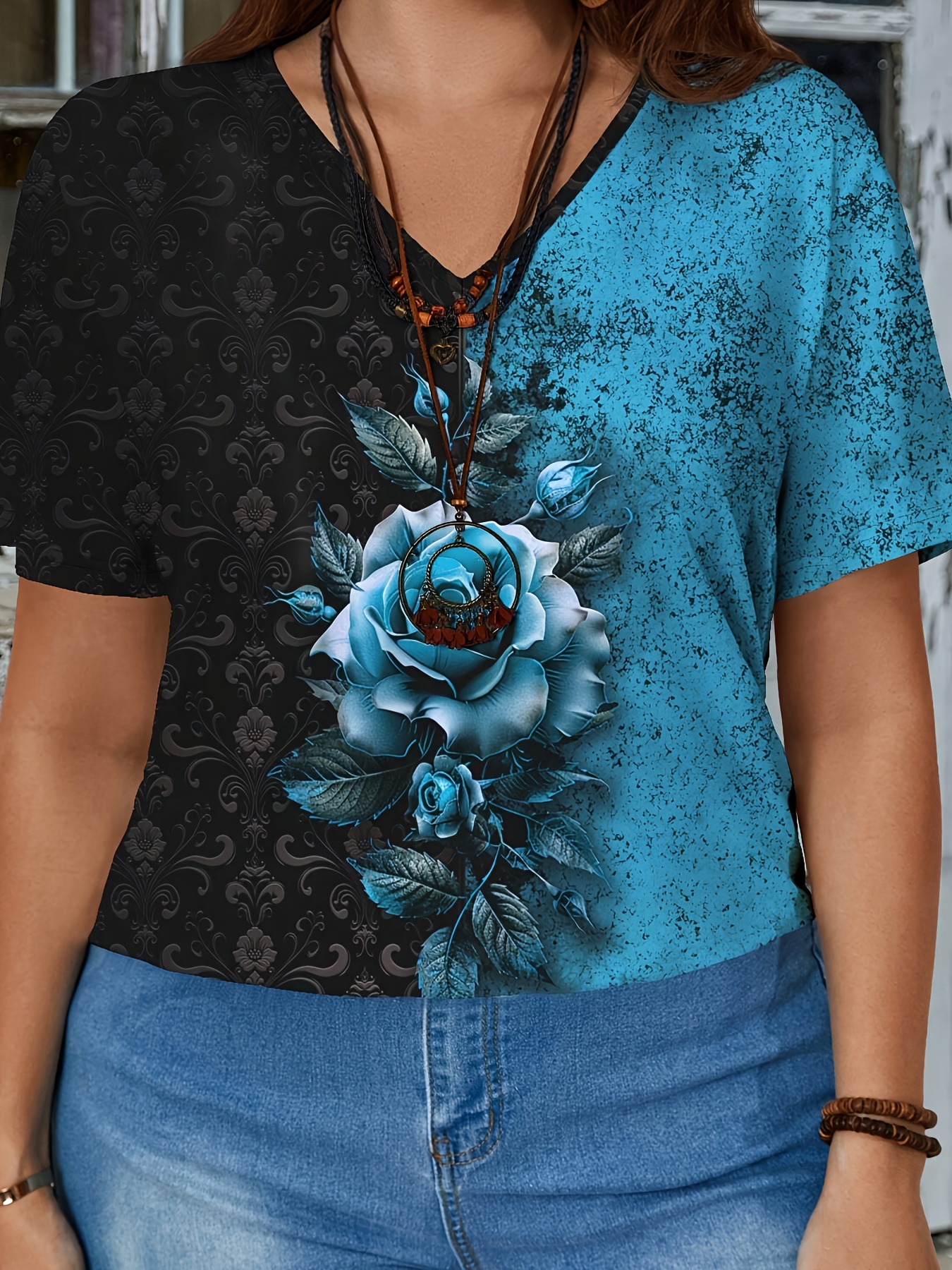 Plus Size Women'S Short Sleeve Casual T-Shirt, Plus Size Women'S Floral Print Trendy T-Shirt.