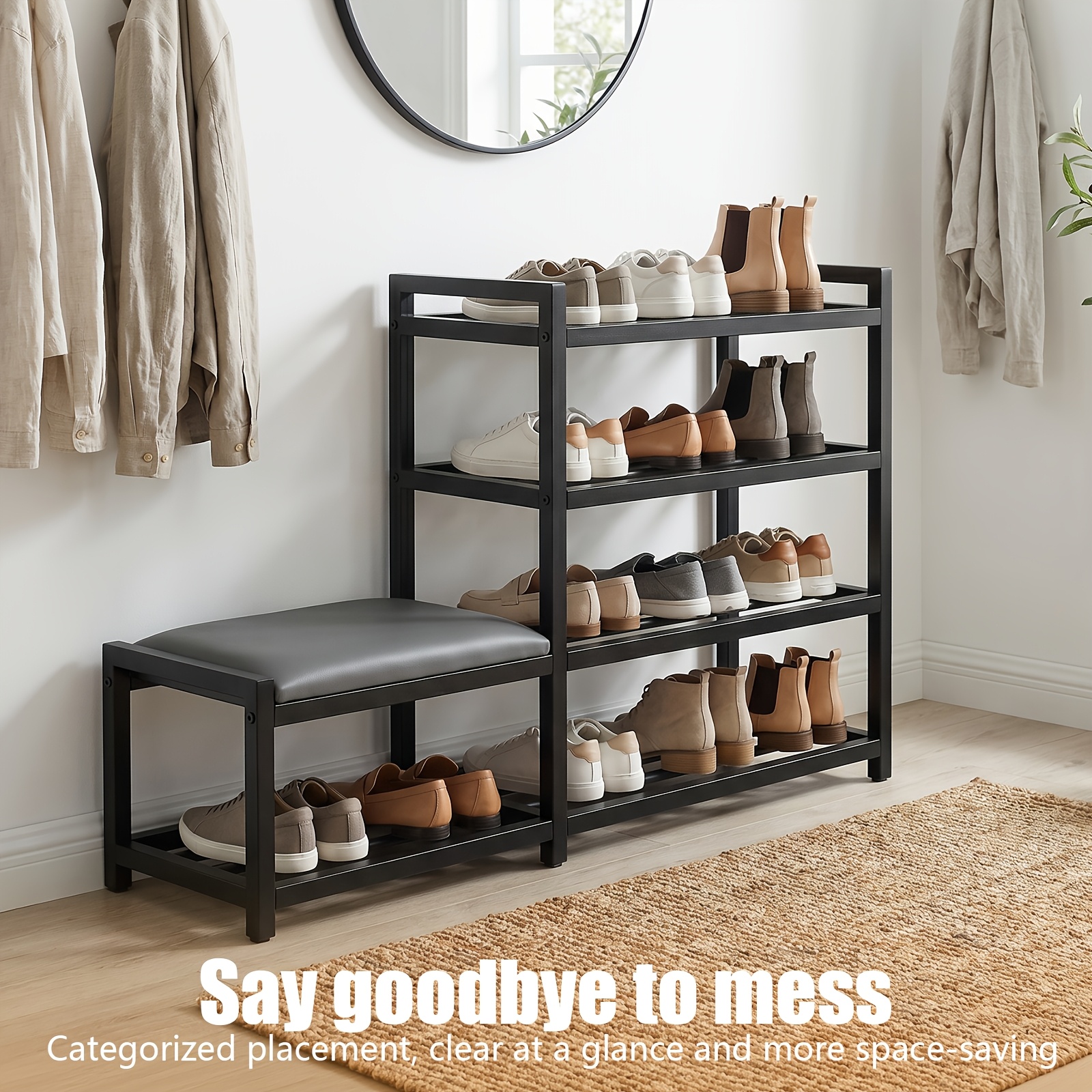 Shoe Storage Bench, 4-Tier Large Capacity Shoe Rack with Comfortable Seat, Industrial Shoe Organizer for Entryway, Black Metal Shoe Shelf Bench for Home Organization