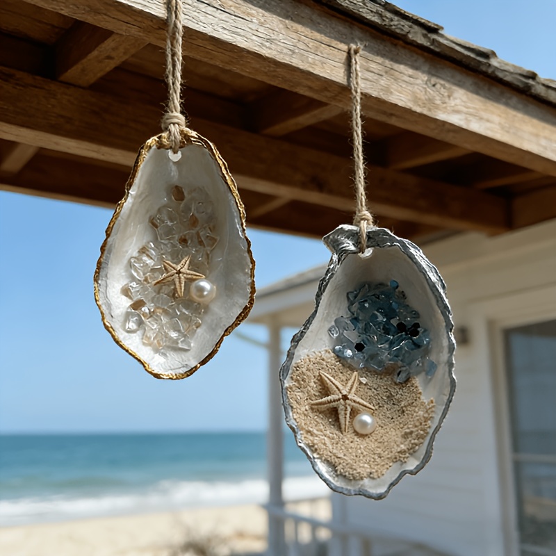 Image of A Set Of 6 Oyster Shell Ornaments, Handmade Coastal Wedding Decorations, Beach House Christmas Ornaments, Nautical Themed Sea Glass And Starfish Holiday Gifts