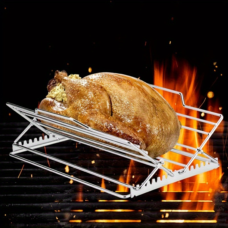 

1pc Kitchen Rack Folding Grill Rack Stainless Steel Adjustable Rack Folding V-shaped Rack Turkey Chicken Silvery