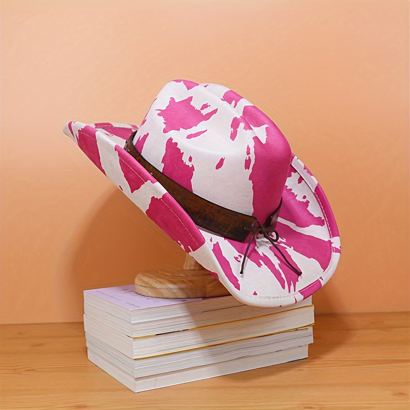 1pc Cow Print Western Hat for Men and Women, Fashionable Suede Soft Felt  Hat with Wide Brim and Belt Outdoor Activities