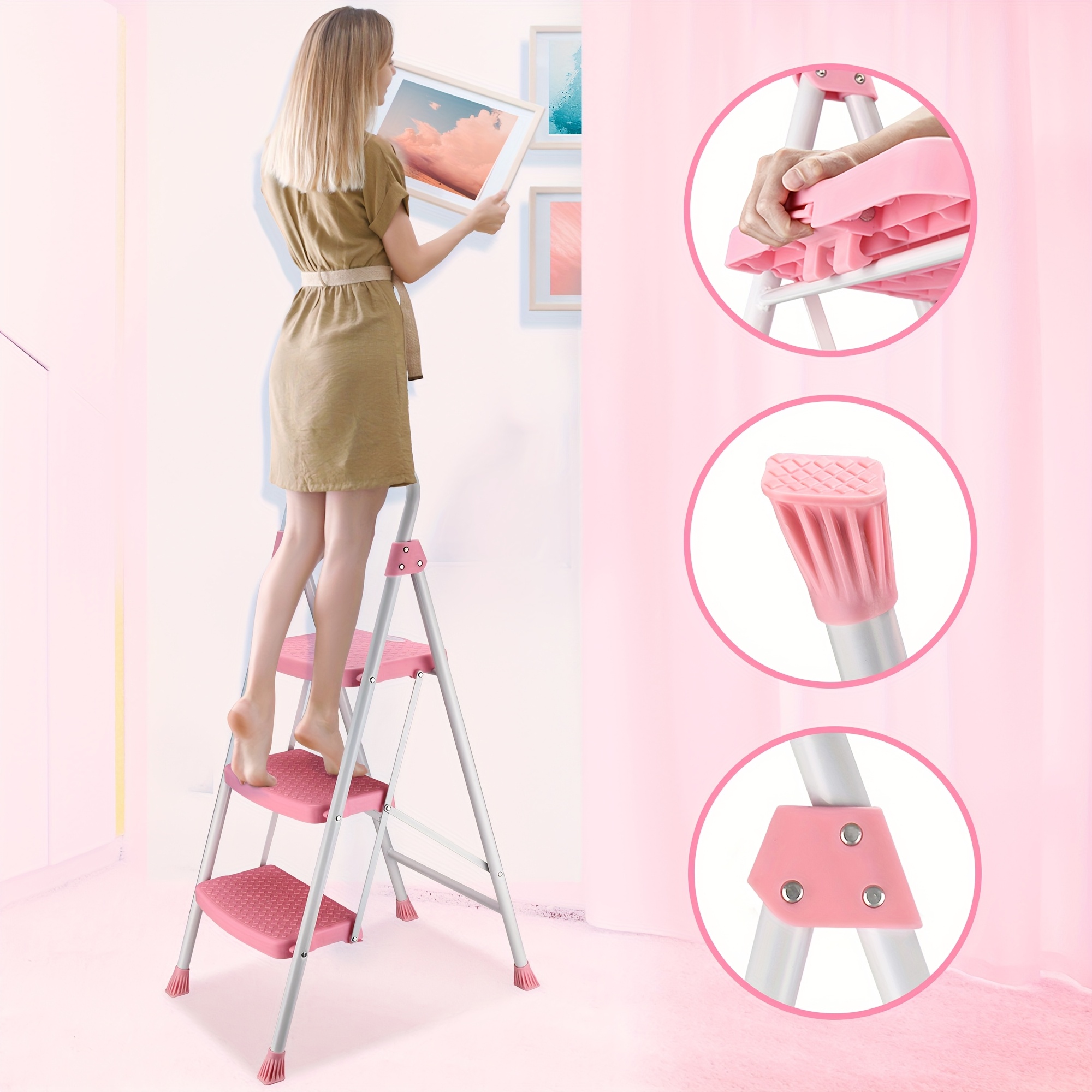 

2/3 Ladder, Folding Step Stool With Handle, Wide Anti-slip Pedal, Lightweight, Multi-use For Household And Office, 500lbs Capacity Sturdy Steel Ladder, Pink