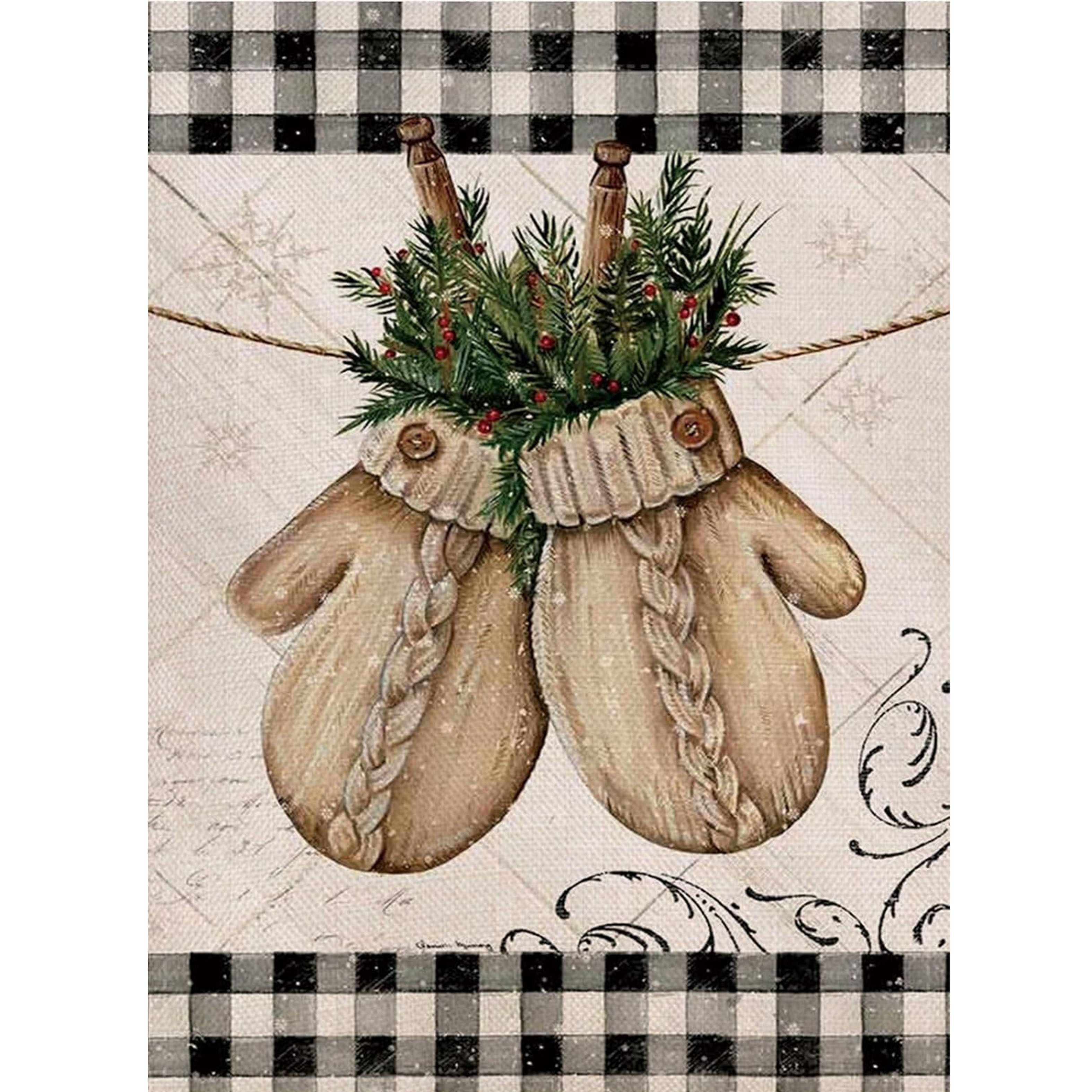 

1pc, Merry Christmas Polyester Garden Flag, Festive House Yard Seasonal Decor With Vintage Mitten Design, Rustic Winter Home Decorative Flag For Use Without Electricity - Garden Size