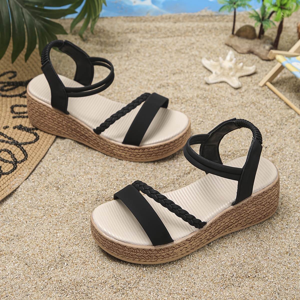 TEMU Un par de sandalias de cuña para niña con correas de moda, diseño sin cordones, de plataforma, cómodas, ligeras y de gruesa, adecuadas para uso