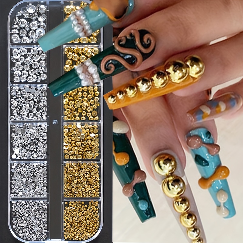 Image of 3d Punk Golden Silvery Pearl Nail Art Charms, Mix Size Gothic Beads For Manicure Tips Rhinestones Decoration Nail Gems Nail Supplies