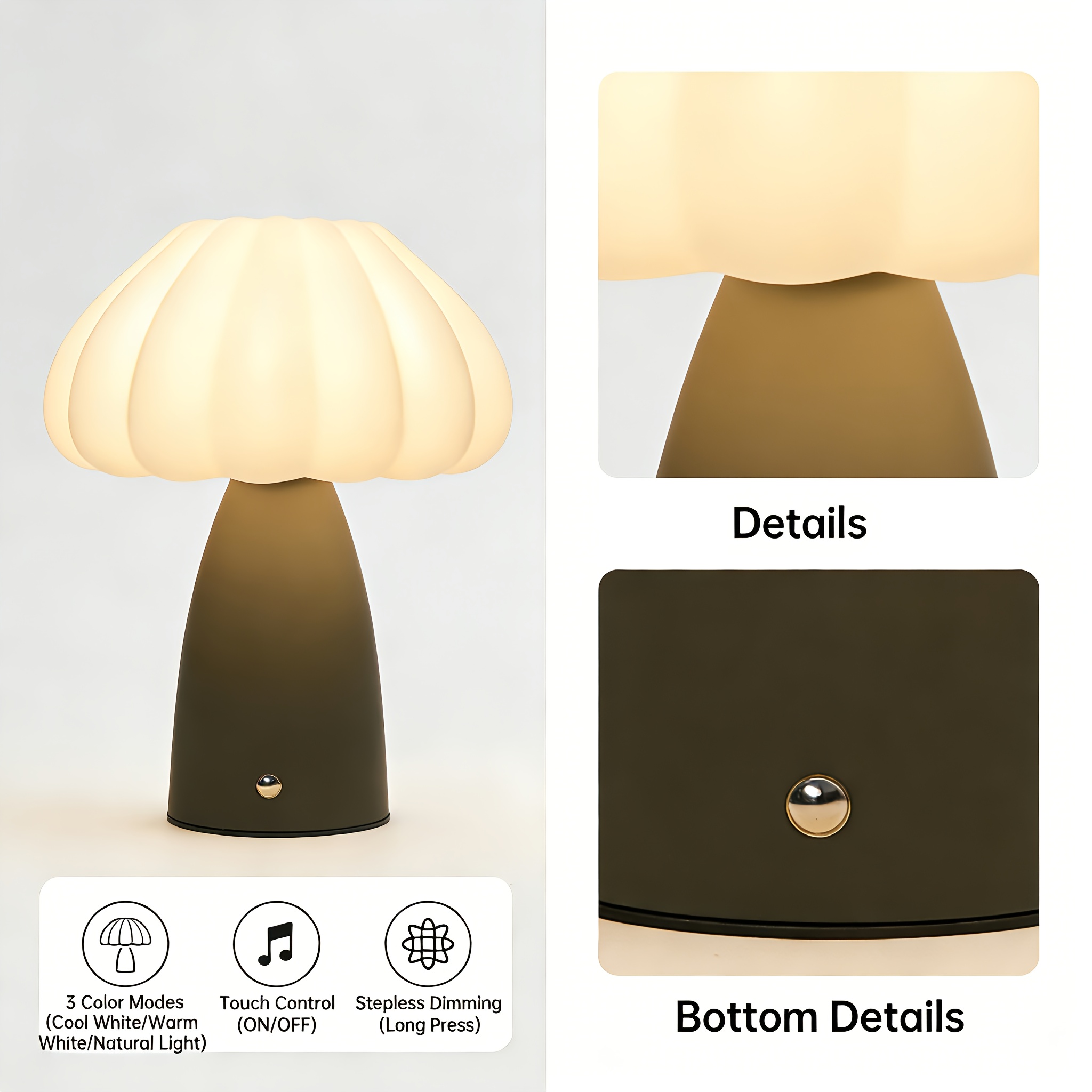Cute Mushroom Bedside Lamp, Touch Control, Three-Color Dimming, USB Rechargeable Night Light, 1800mAh Large Battery, Suitable for Bedroom, Living Room, and Hallway Decoration