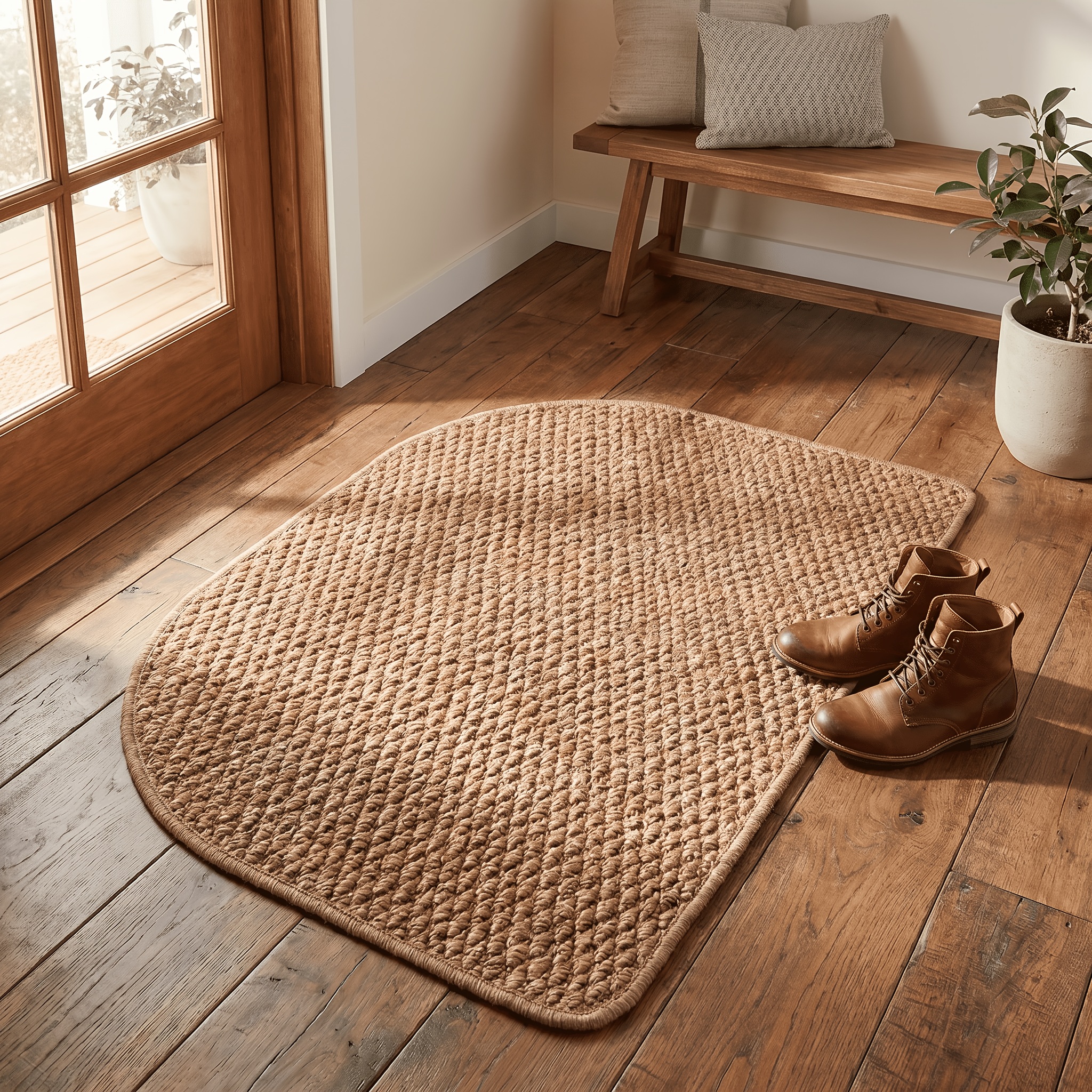 Image of 1pc Semi-circular Curved Jute-like Rug, Scratch-resistant And Washable, For Pet Owners, Suitable For Living Room, Dining Room, Study, Bedroom And Entryway Decor
