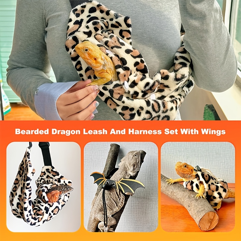 Set of Leash And Harness for Bearded Dragons, Carrier for Beardies, Adjustable Lizard Harness with Leather Wings And Sling Bag, Small Pet Backpack for Reptiles with Batwing Additions (Leopard Design)
