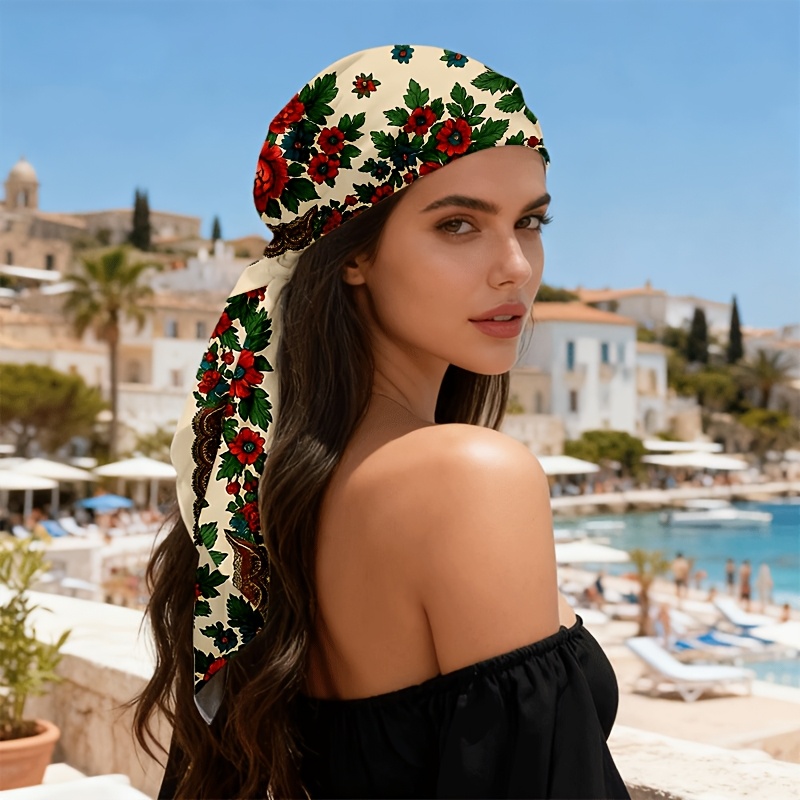 TEMU 1pc 35-inch Scarf & Headscarf Suitable For - Vintage Red Rose Print Lightweight Smooth Hair Wrap For Weddings, Beach, Music Festivals, Daily
