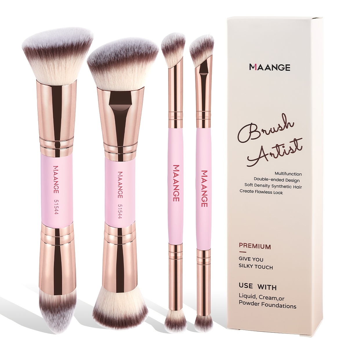 

4pcs Maange Double-headed Kabuki Makeup Brush Set, Nylon Bristles, Abs Handle, Unscented, Suitable For Types, Wand Form, Includes Foundation, Blush, Eyeshadow, Lip Brush - Travel-friendly