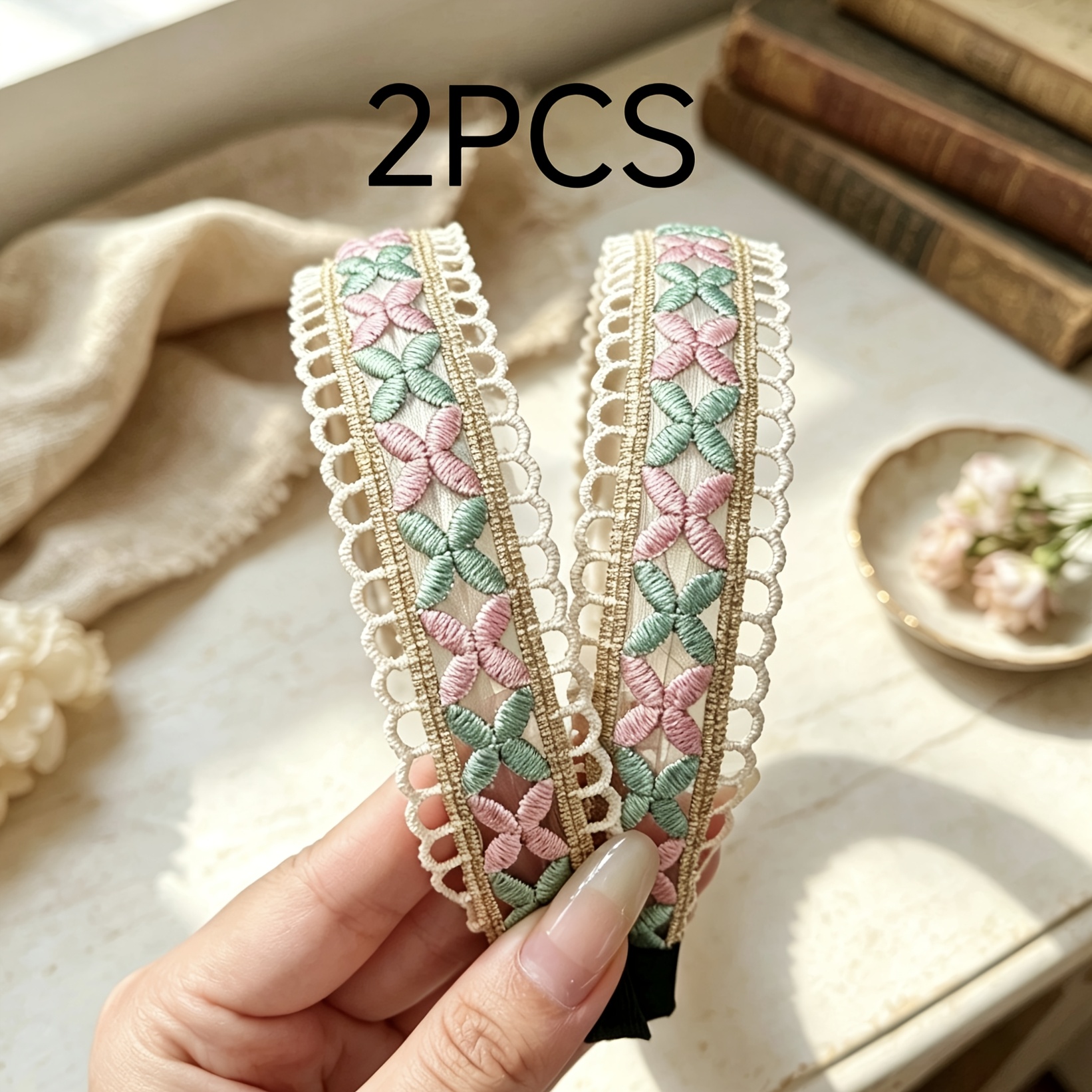 TEMU 2pcs Women Vintage Floral Embroidery Lace Headband Boho Hair Band For Daily Party Travel Hair Additions